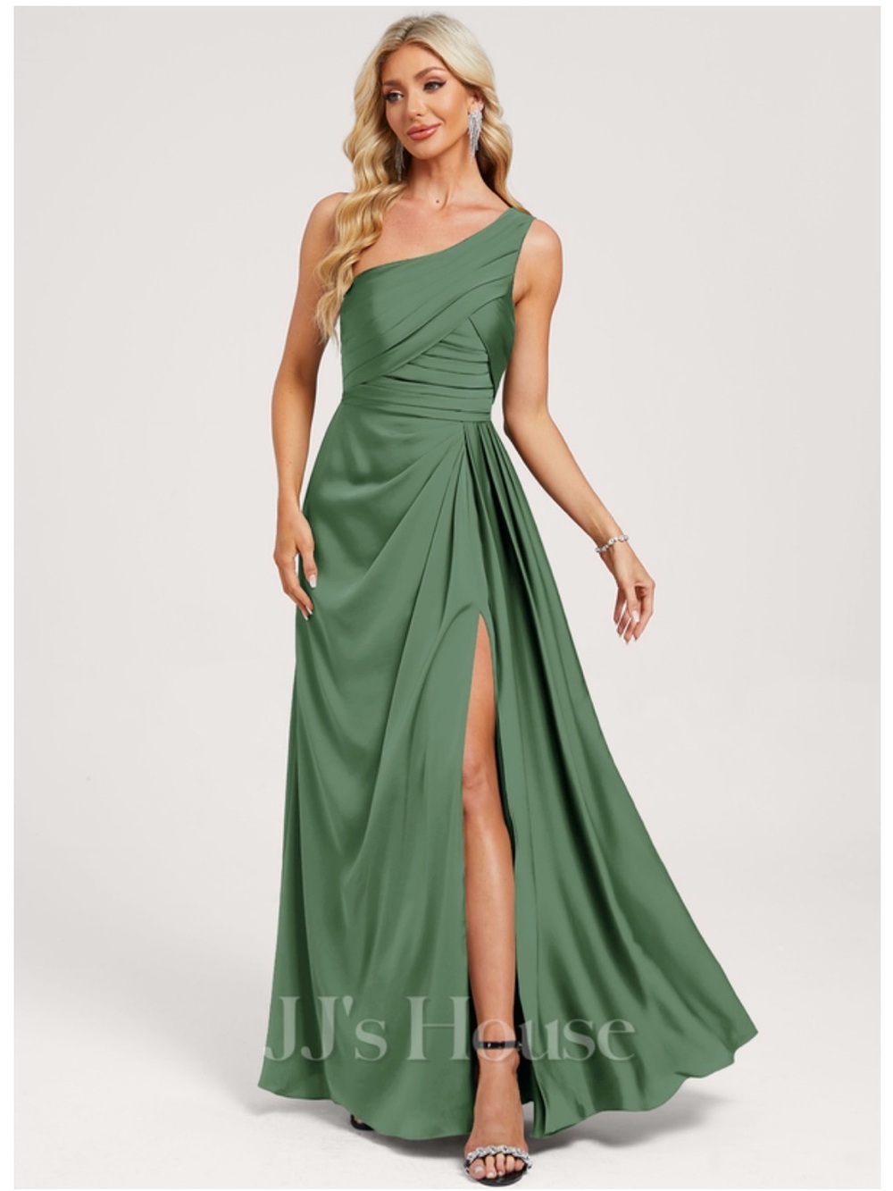 JJs House Eucalyptus Green One-Shoulder Evening Gown